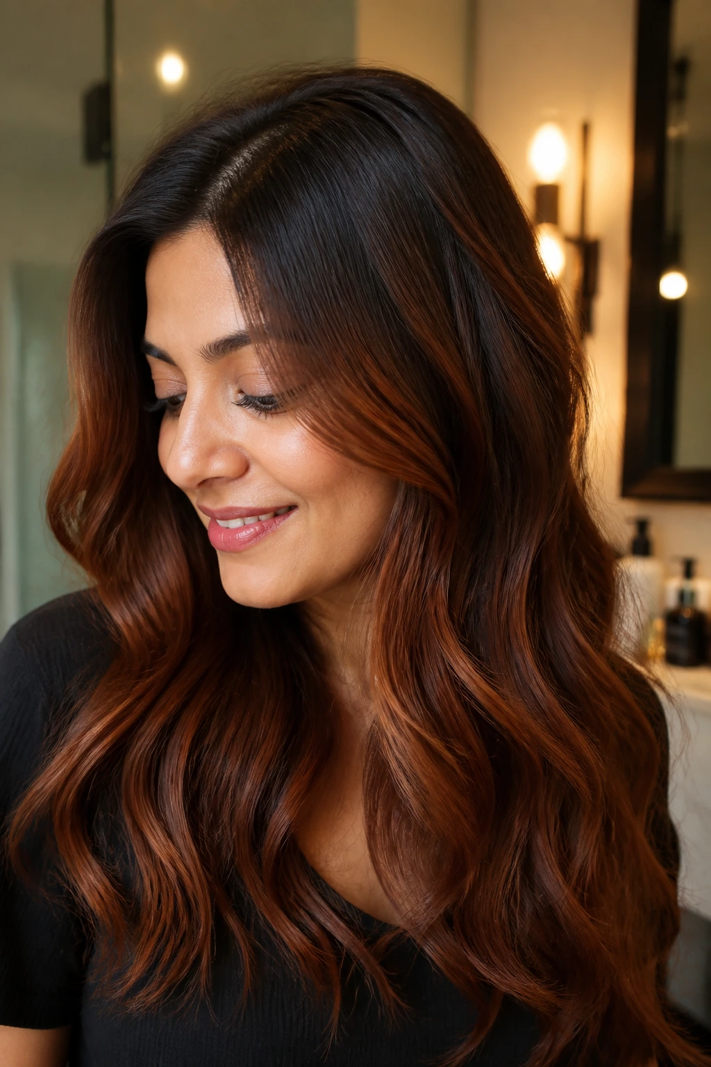 Portrait of a woman with brunette hair and copper highlights