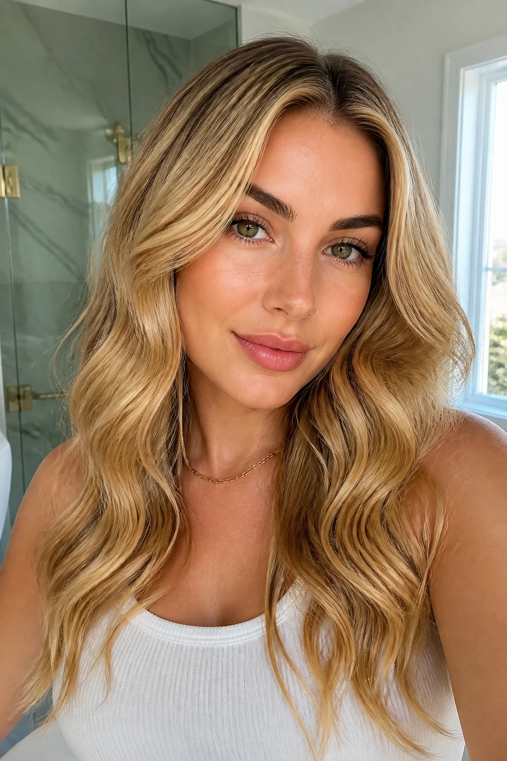 Close-up portrait of a real woman with glossy gold blonde hair in bright bathroom light