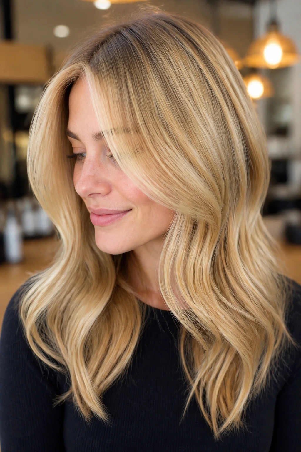 Close-up portrait of a real woman with yellow-blonde hair and gloss in a warm salon-like setting.