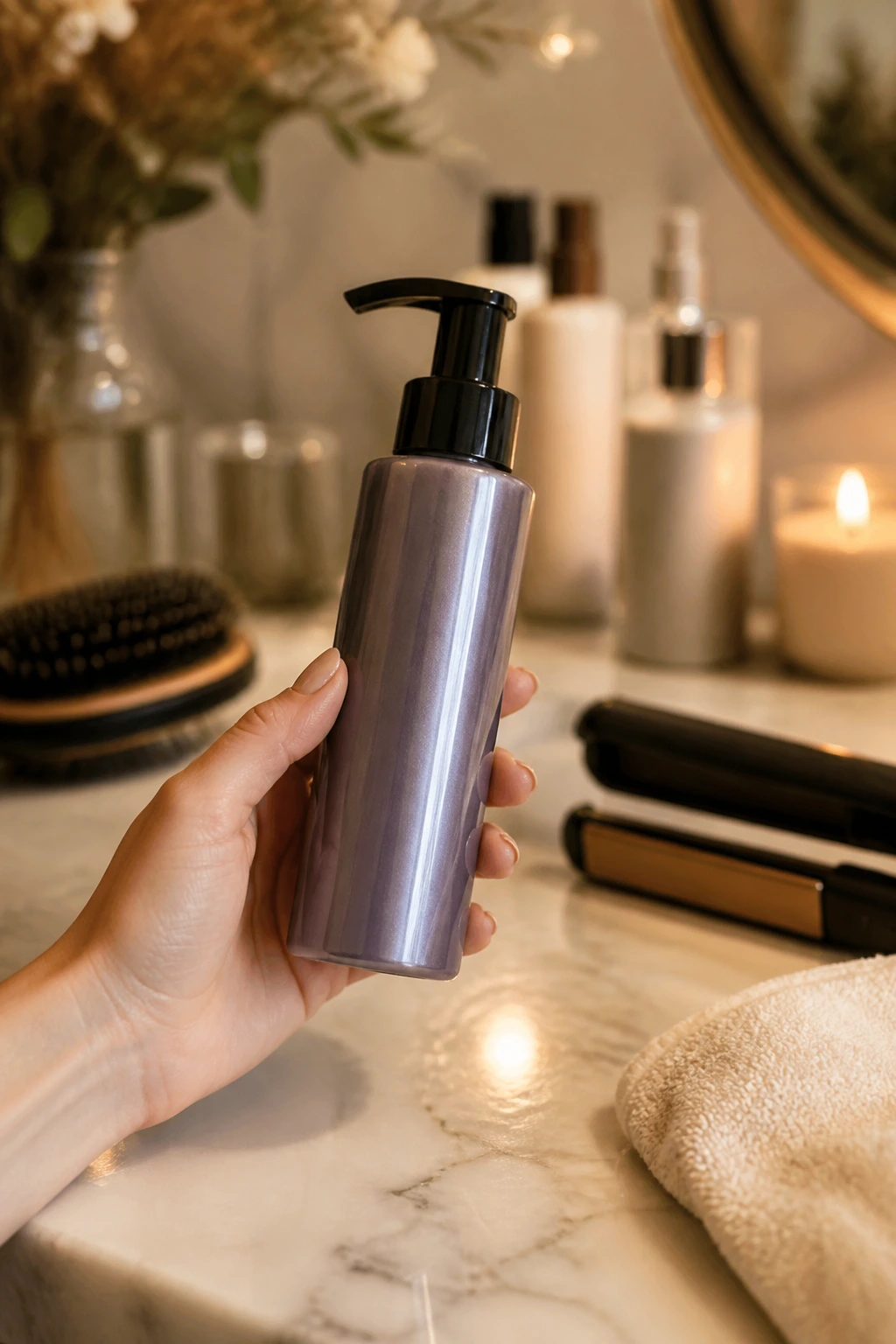 Close-up of hand holding color-depositing gloss bottle on bathroom counter