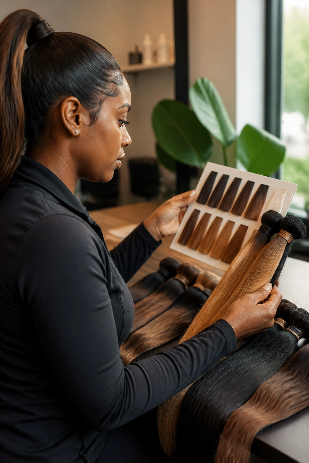 Close-up of a person comparing hair color swatches and bundles in a salon.