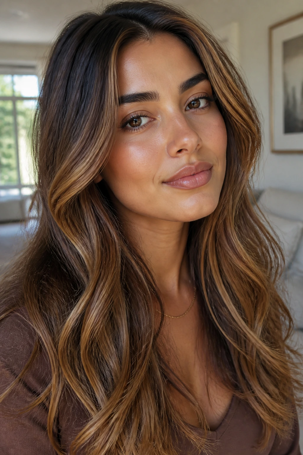 Portrait of a real person with caramel and honey highlights styled in waves.