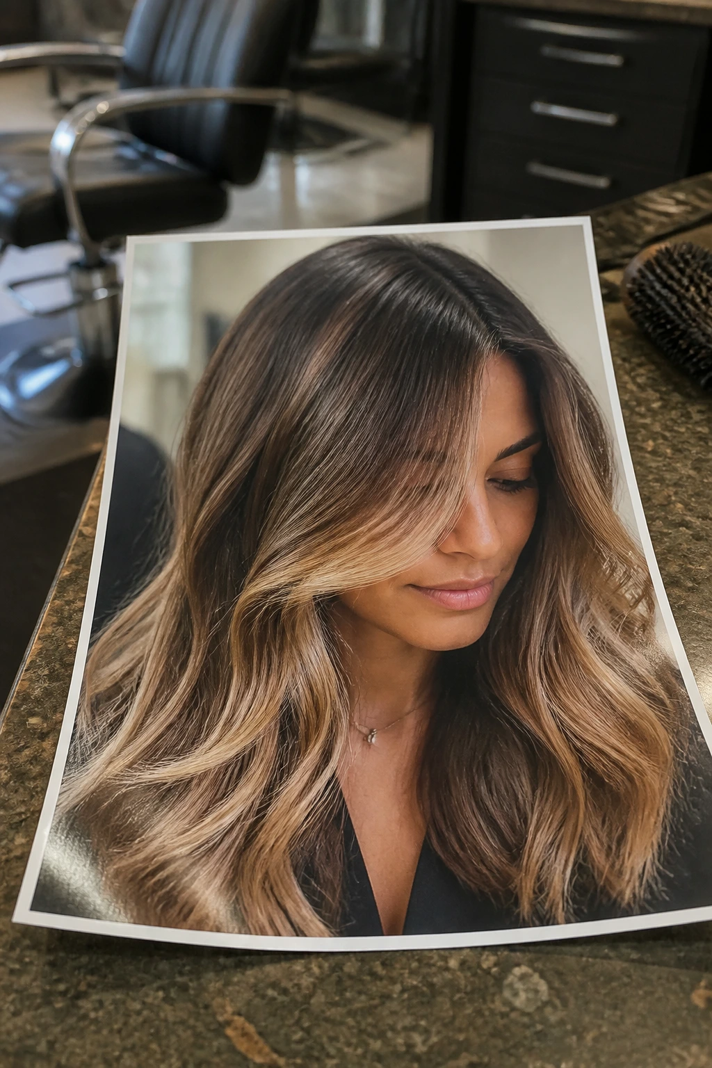 Close-up photo of a hair color reference showing honey-blonde highlights on brunette hair
