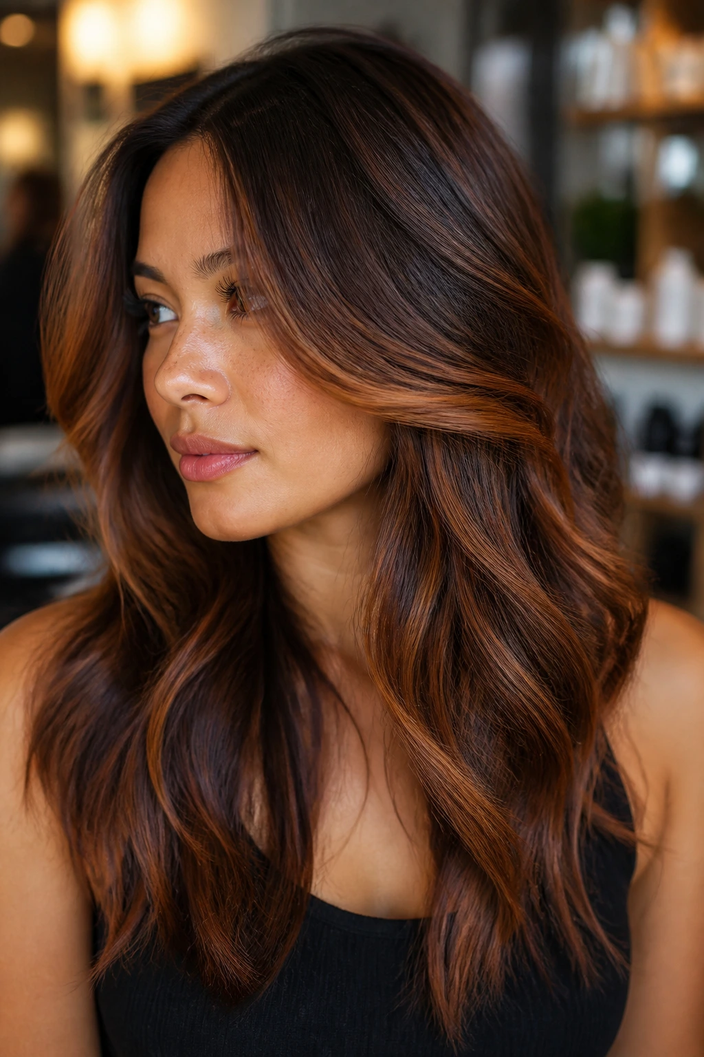 Close-up of real person with caramel and cinnamon ribbons in outer hair layers
