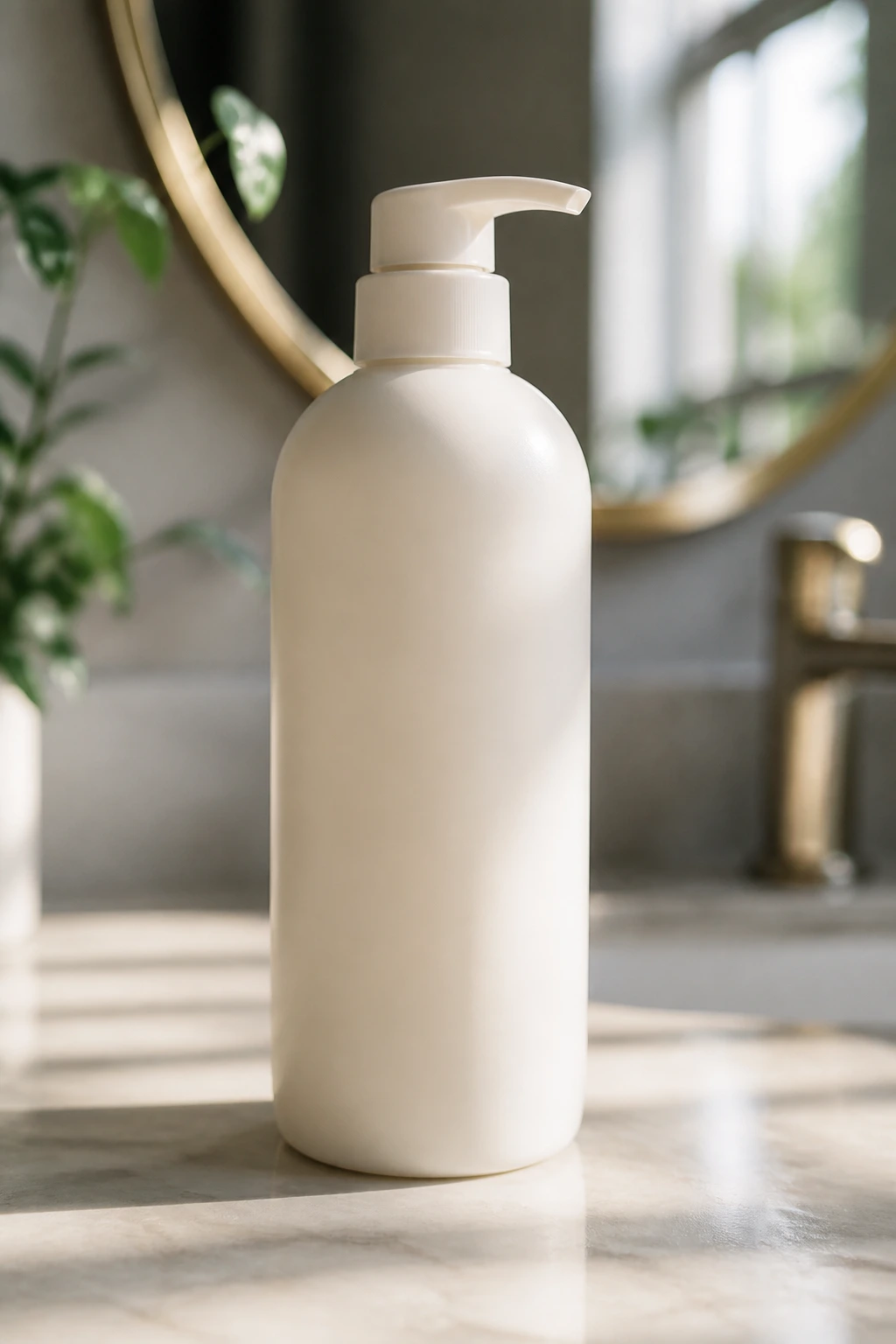 Close-up of a color-safe shampoo bottle on a bathroom counter with no branding