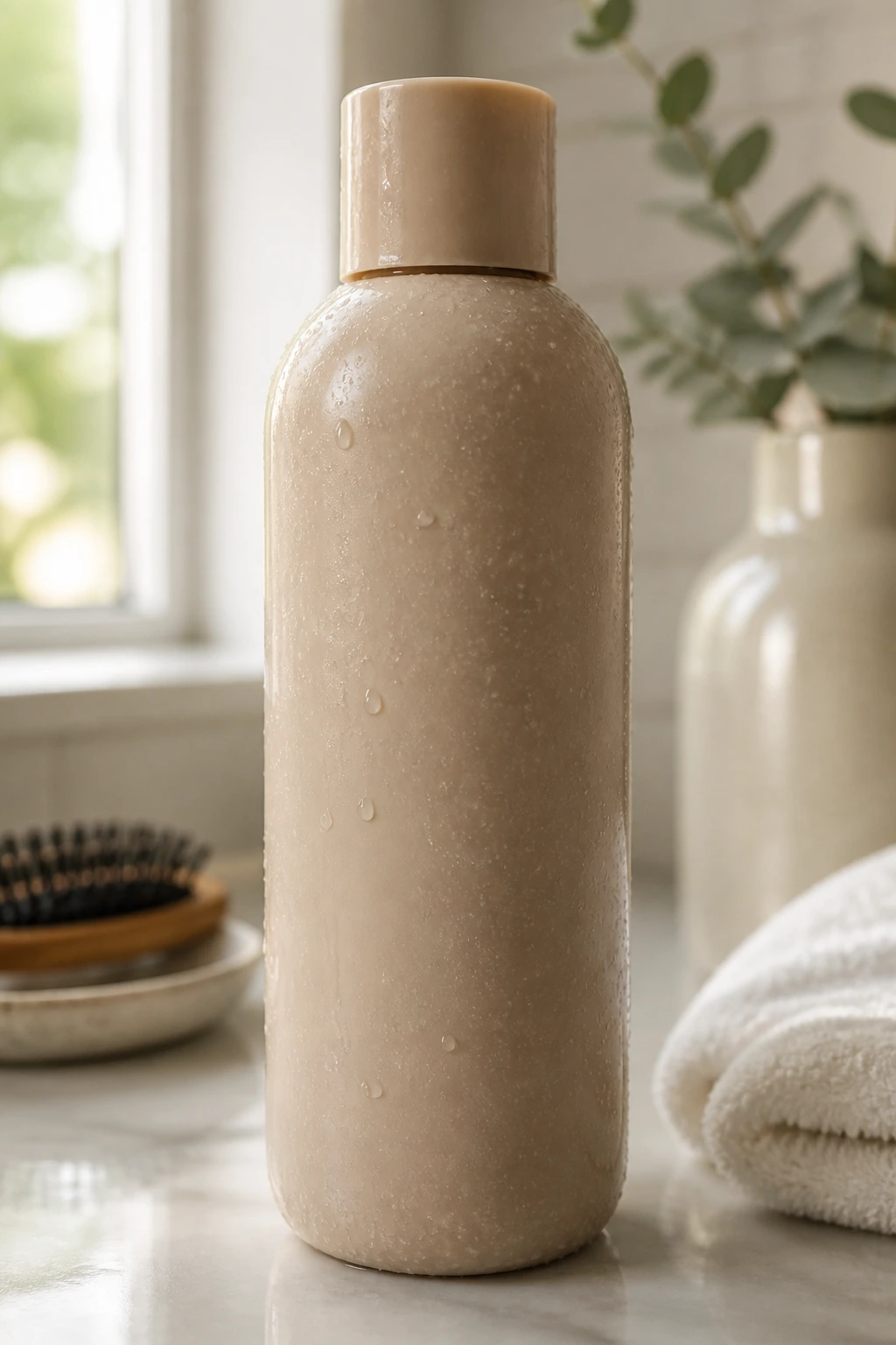 Close-up of color-safe shampoo bottle on bathroom counter promoting shade maintenance for cool brown hair