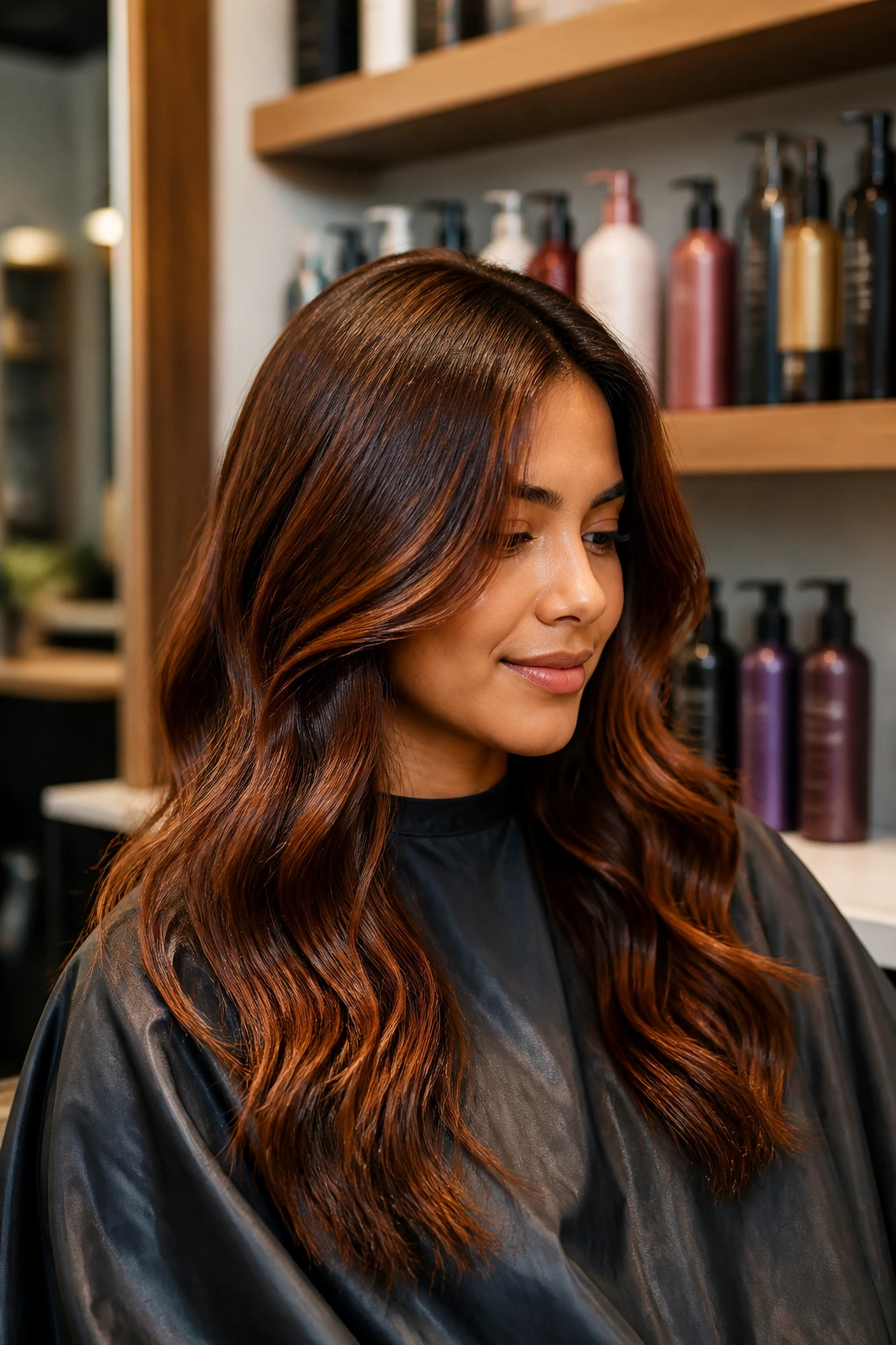 Portrait of person in salon with glossy auburn-brown hair and product shelves blur