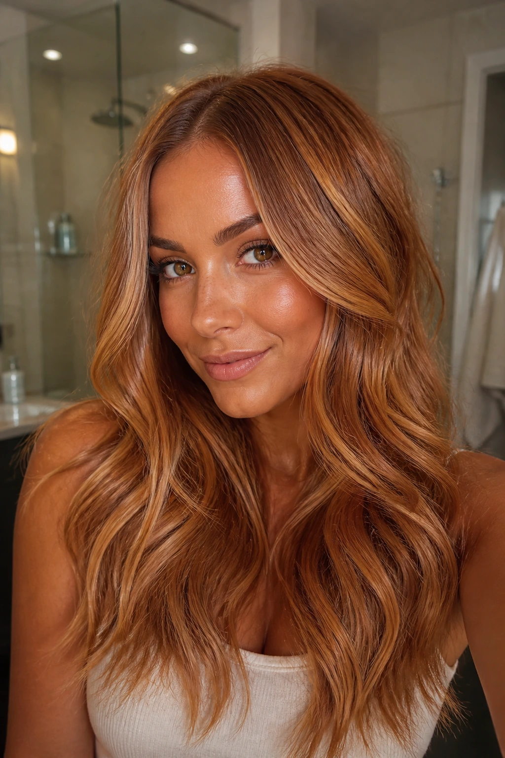 Close-up of a real woman with glossy strawberry blonde hair in a cozy bathroom
