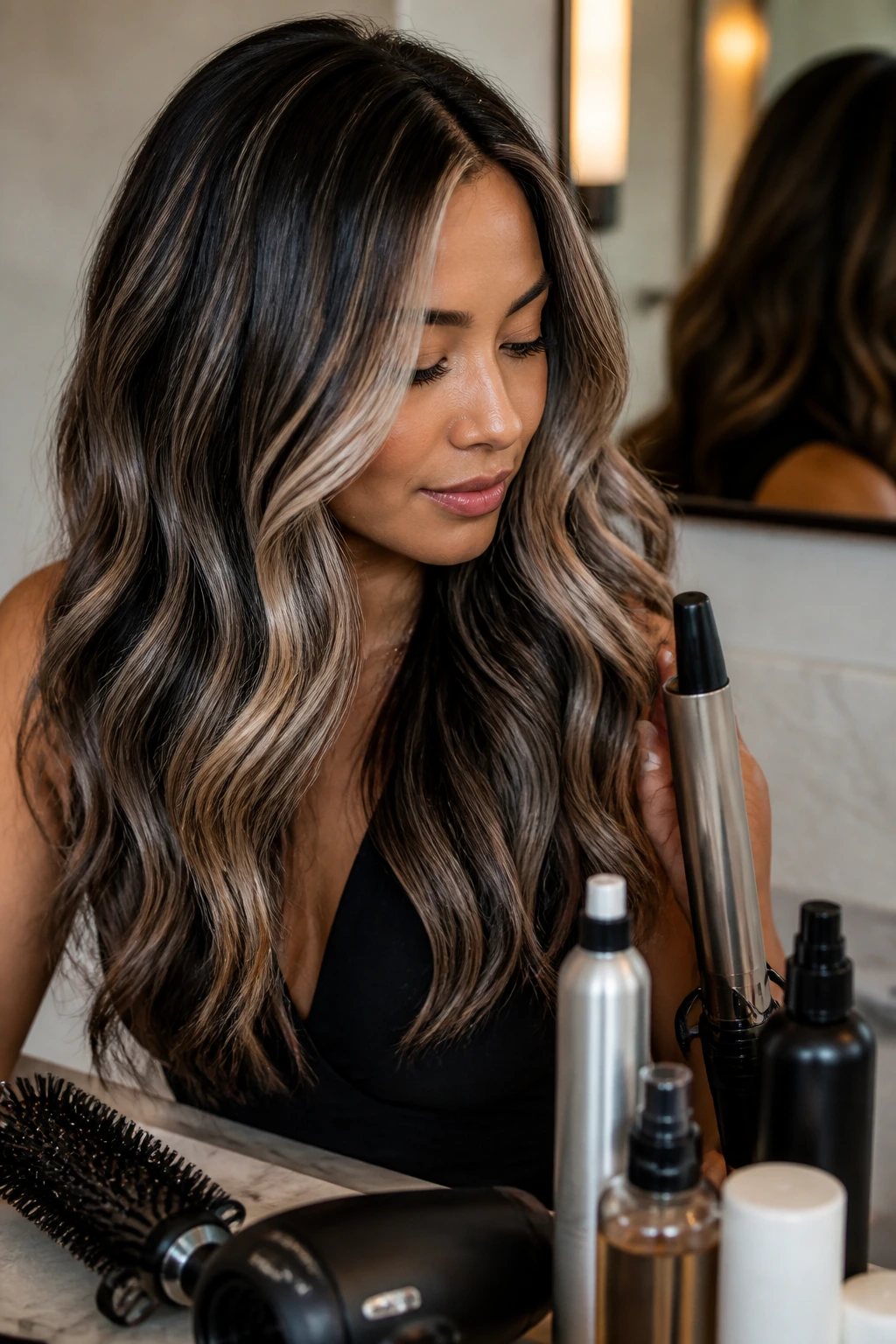 Portrait of a person with color-treated hair using styling tools at a vanity