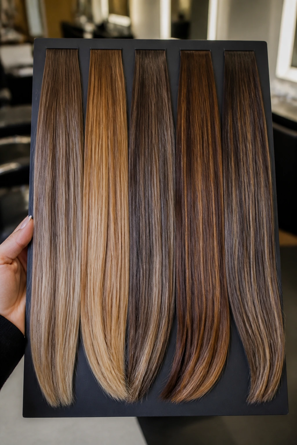 Close-up color swatches showing beige caramel, honey, mocha, bronze, and balayage tones for olive skin