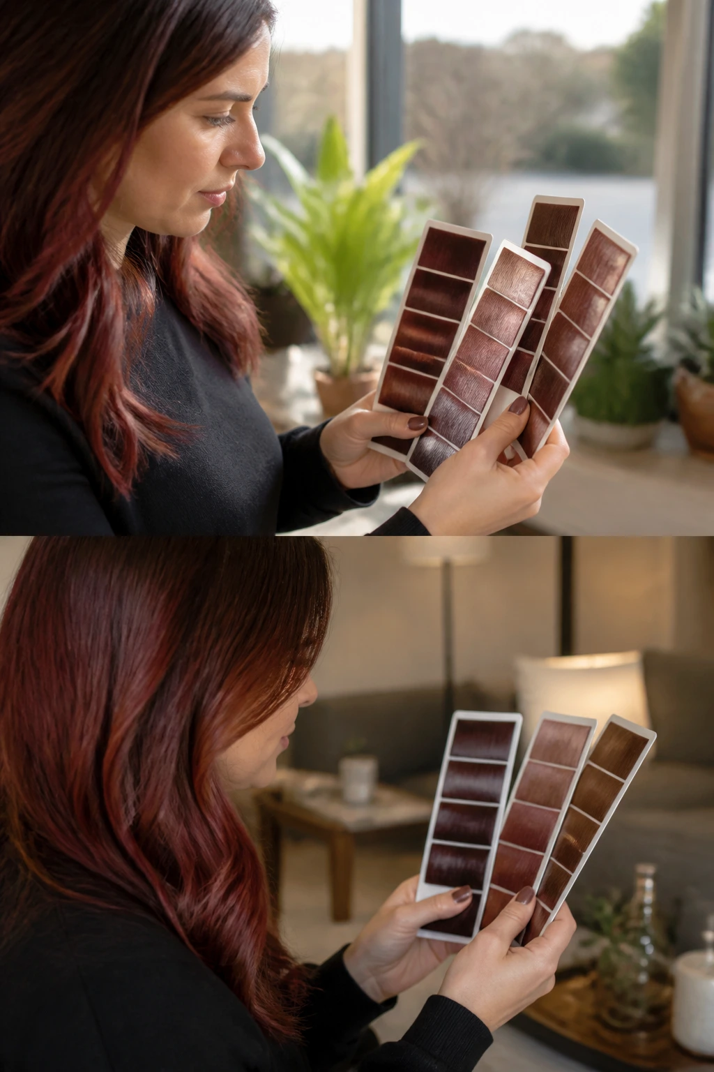 Person examining hair color swatches under daylight and indoor light.