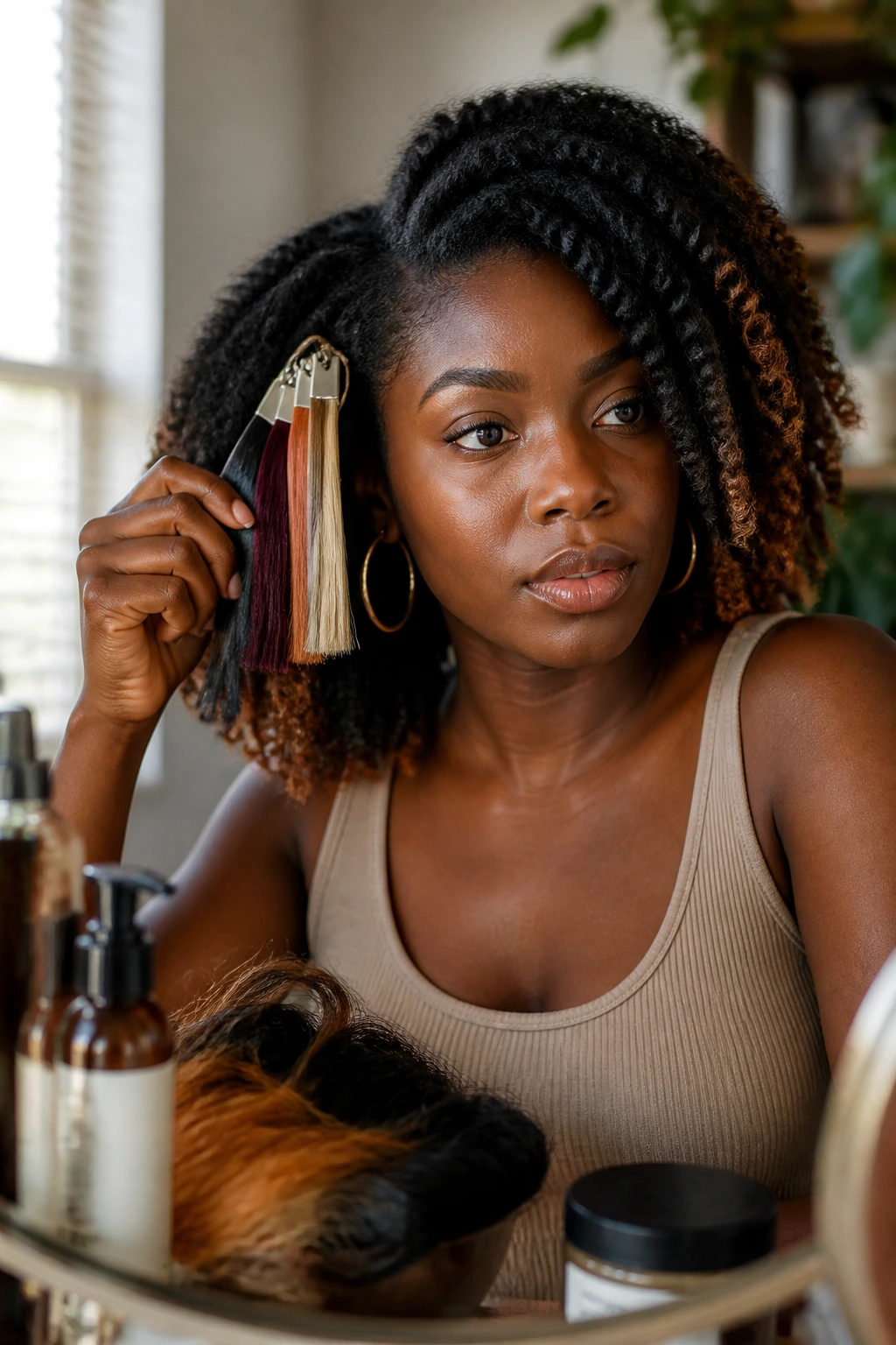 Close-up portrait of a person with deep skin tone evaluating hair color swatches for prep