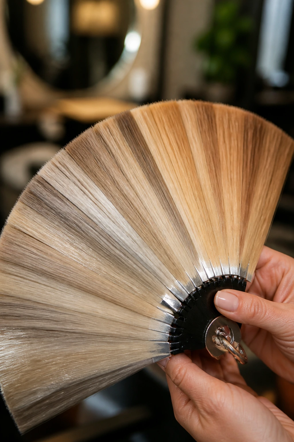 Close-up of hair color swatches in warm beige and honey tones
