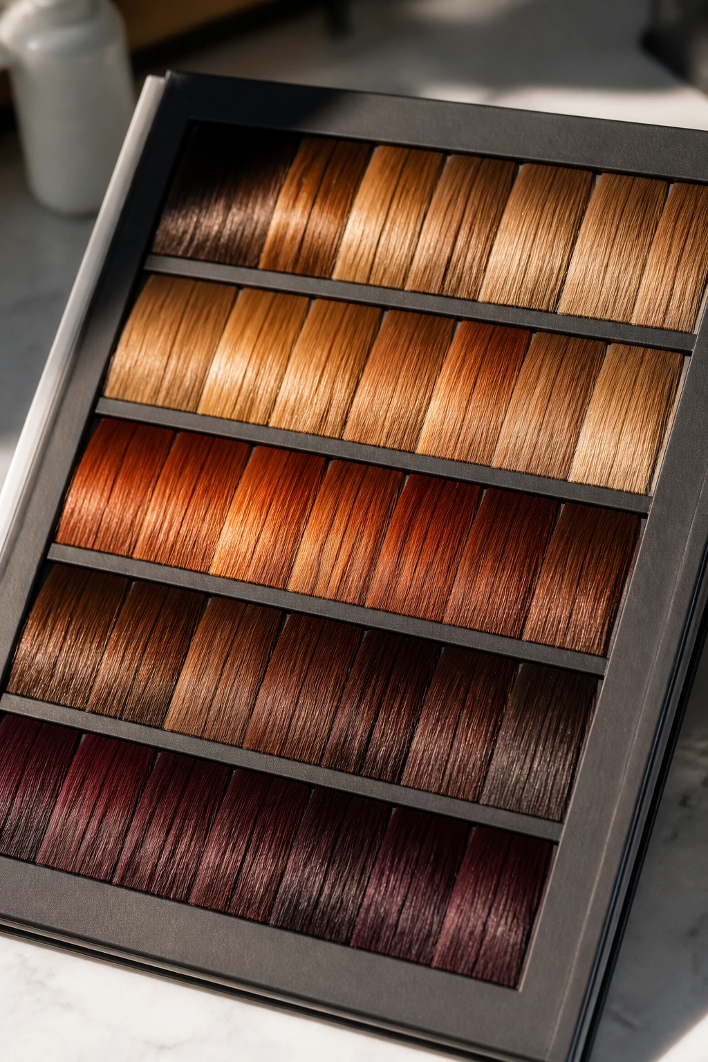Close-up of warm hair color swatches for tan skin tones