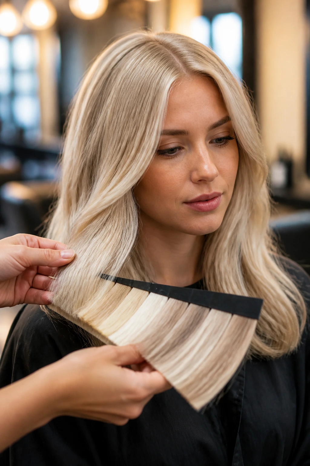Hands holding color swatches next to warm platinum blonde hair