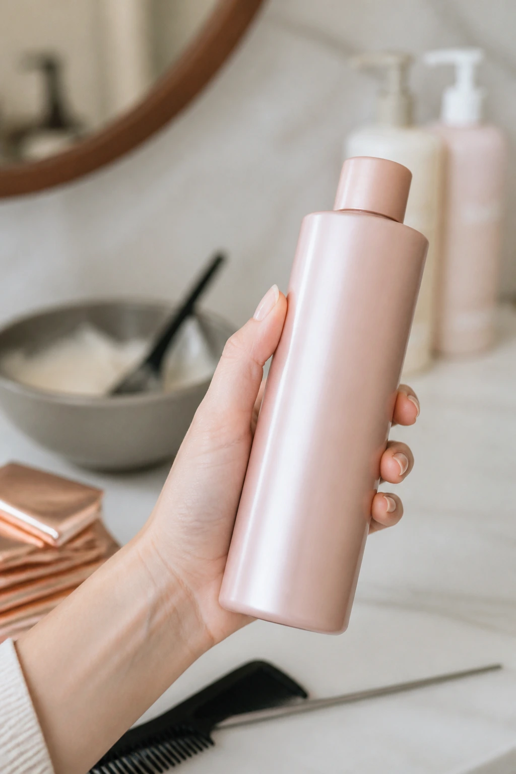 Close-up of hand holding a color-care product in a bathroom setting.