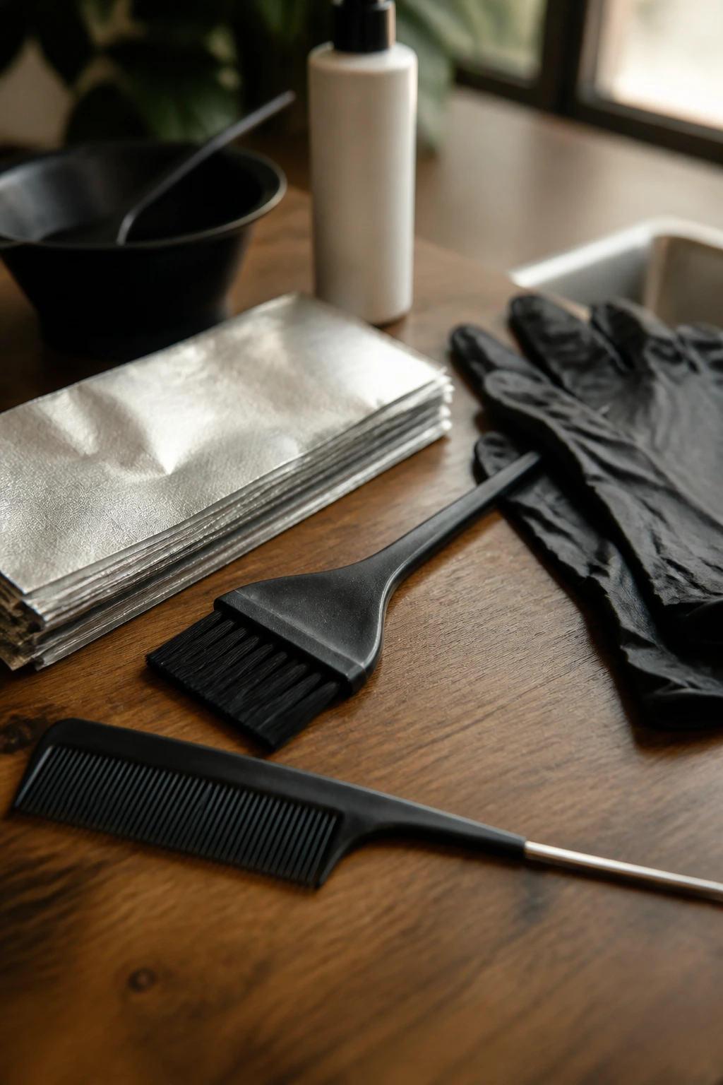 Close-up of essential hair-color tools including comb, tint brush, and foils