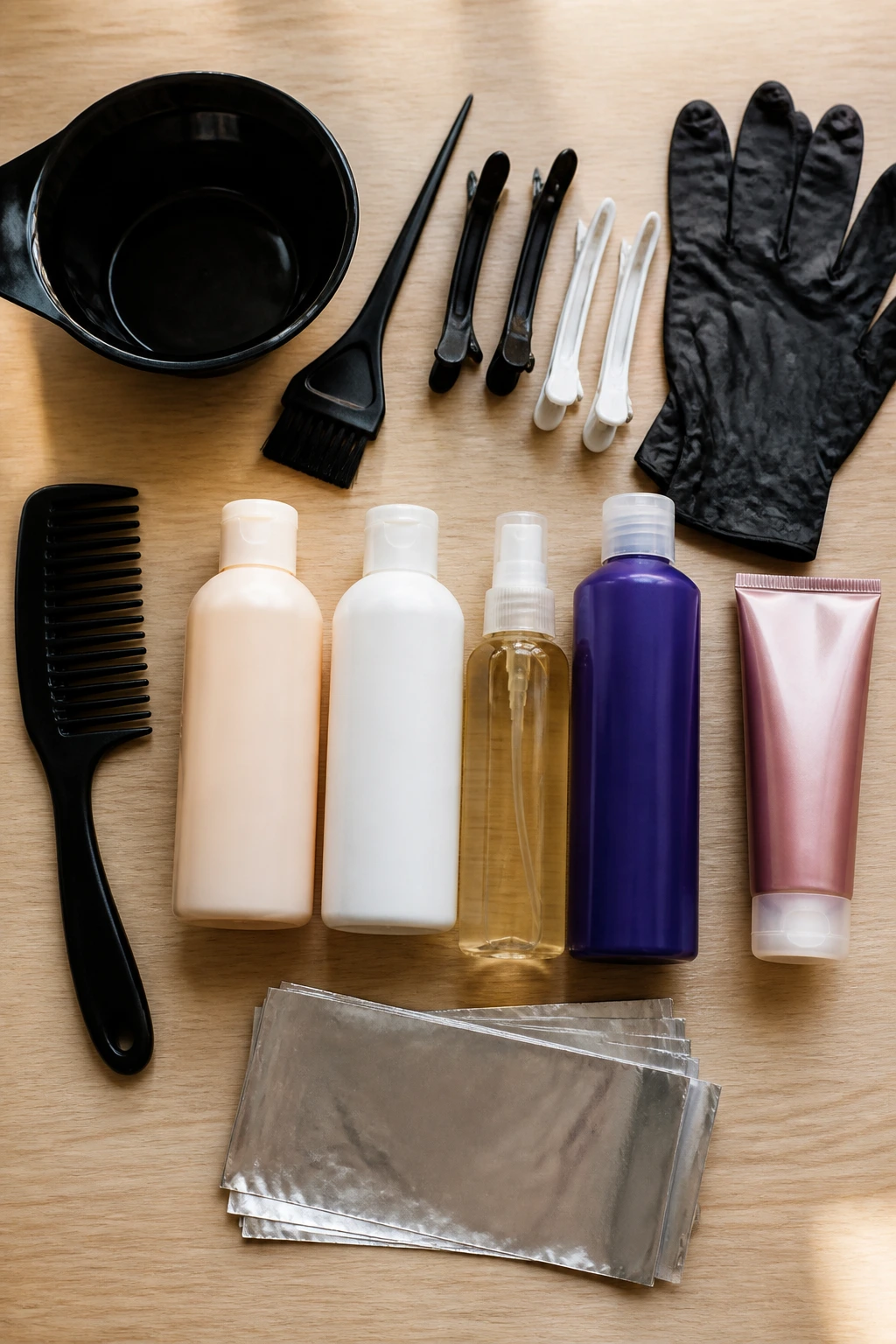 Top-down flat lay of color tools and products on a wood surface