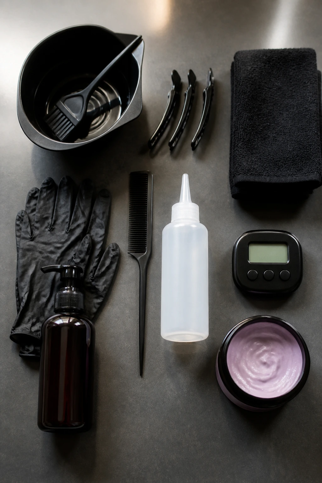 Overhead view of essential hair color tools on a salon counter.