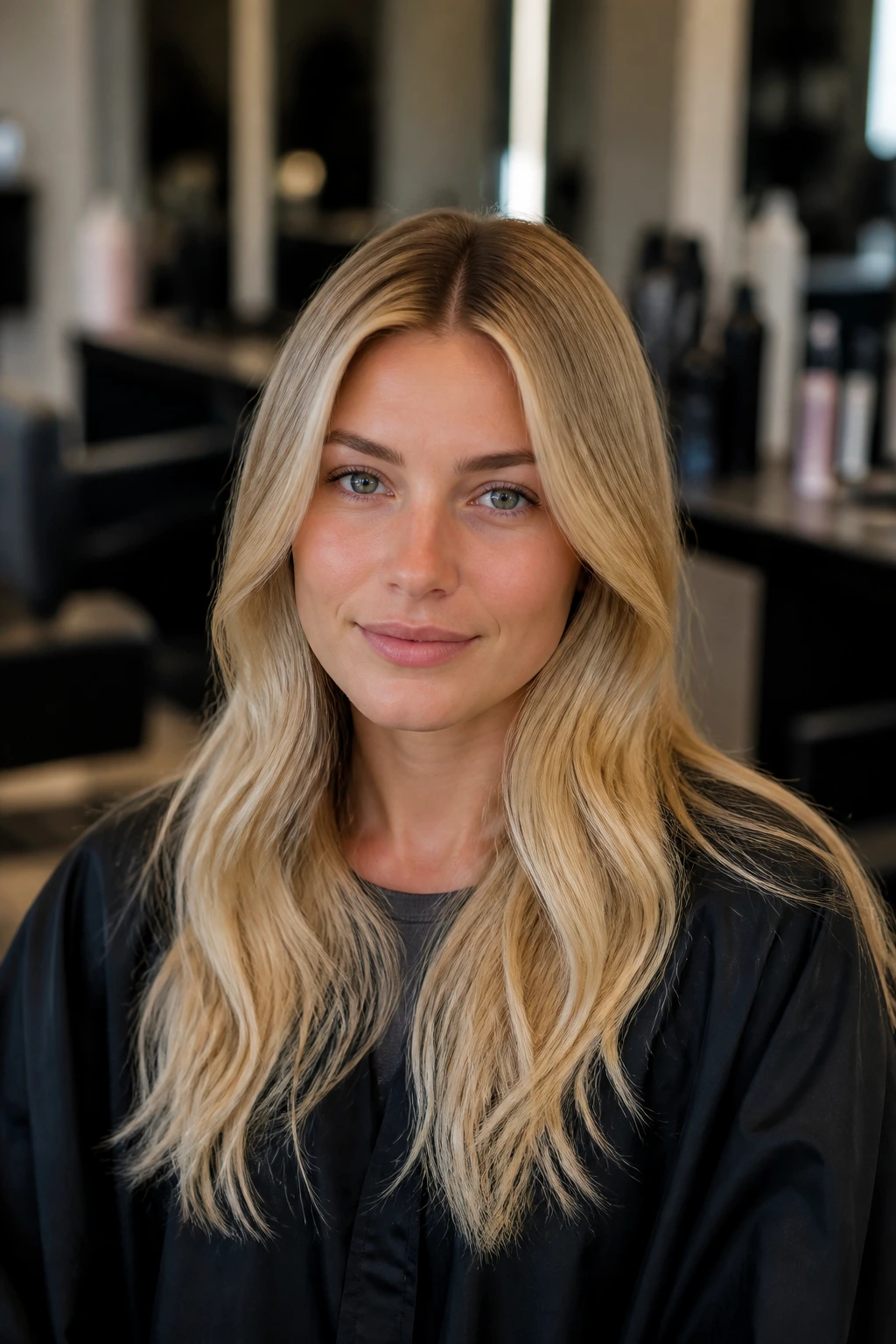 Portrait of a woman in a salon chair with glossy blonde hair and crisp center part