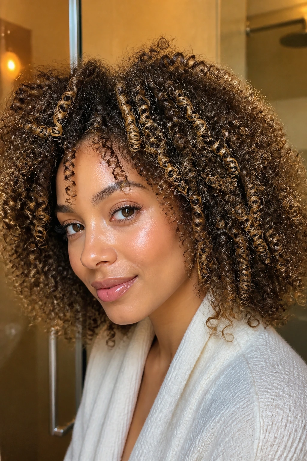 Portrait of a woman with color-treated babylighted curls