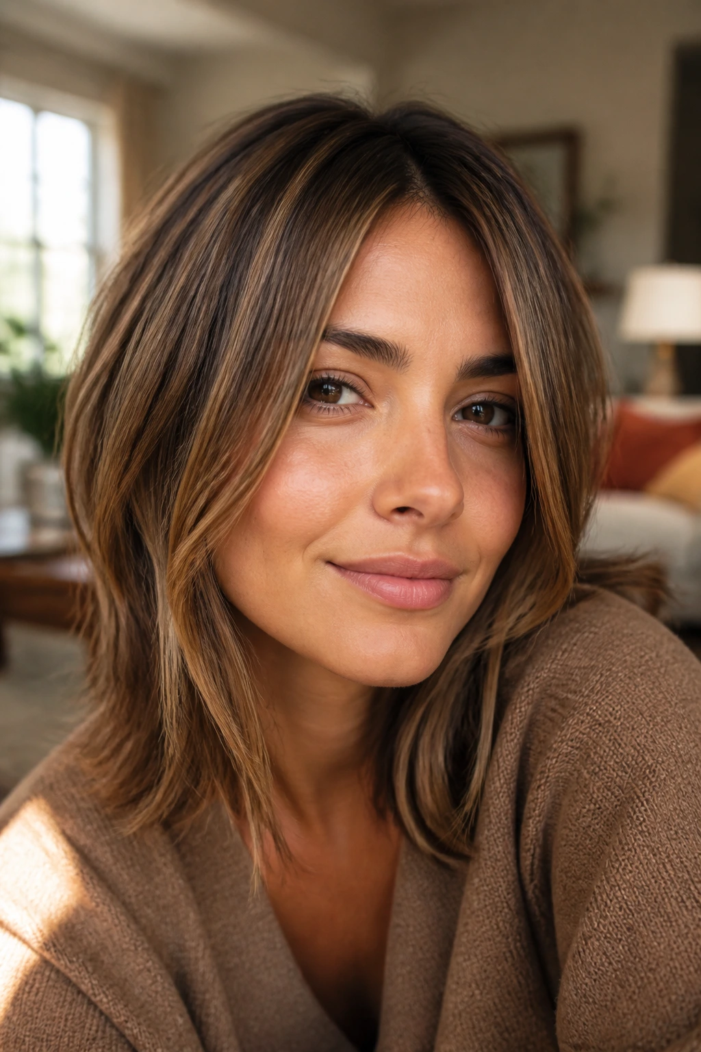 Close-up portrait of a woman with olive skin showing a warm bronze highlight variation