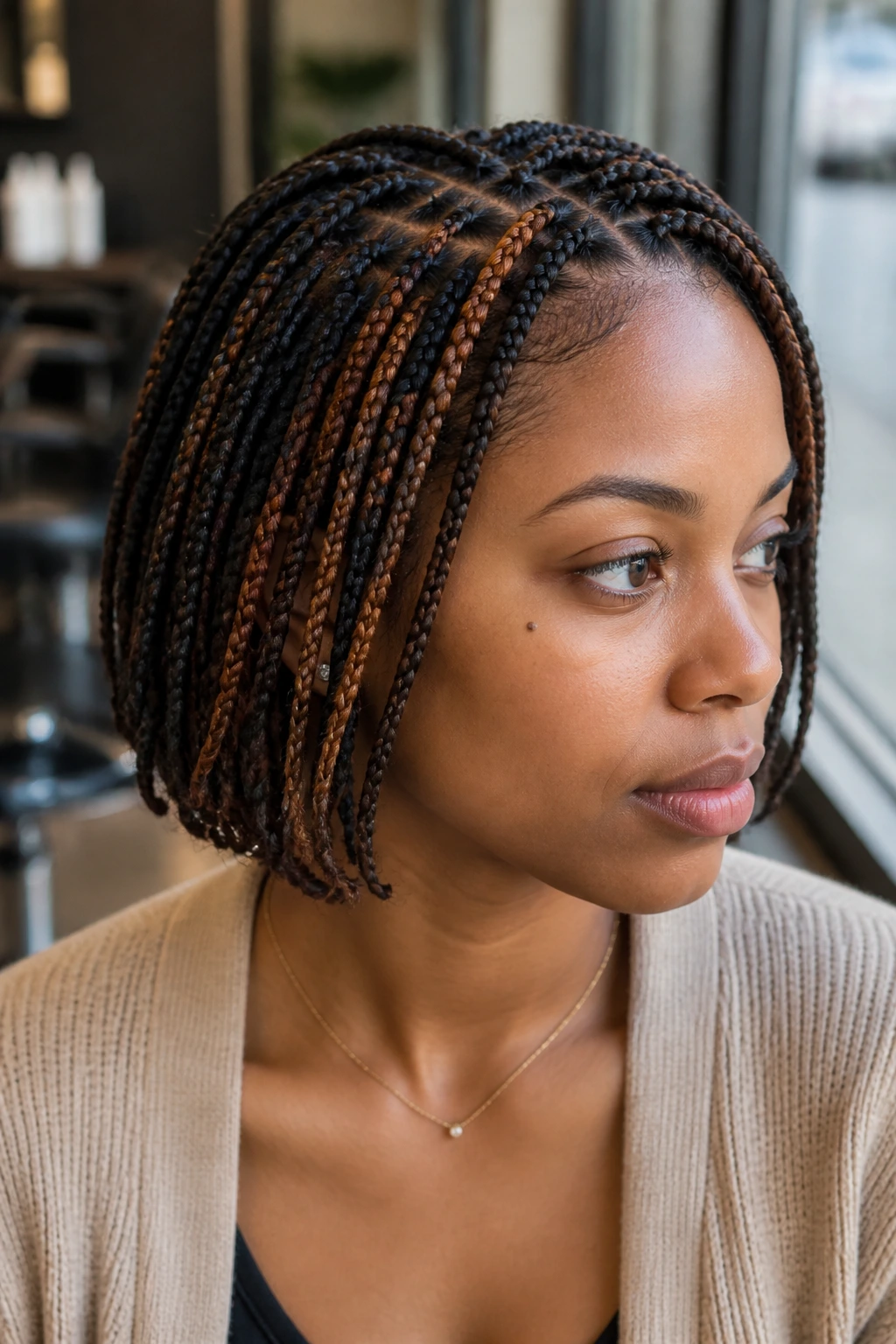 Close-up of a real woman with colored-accent knotless braids showing subtle front-row color