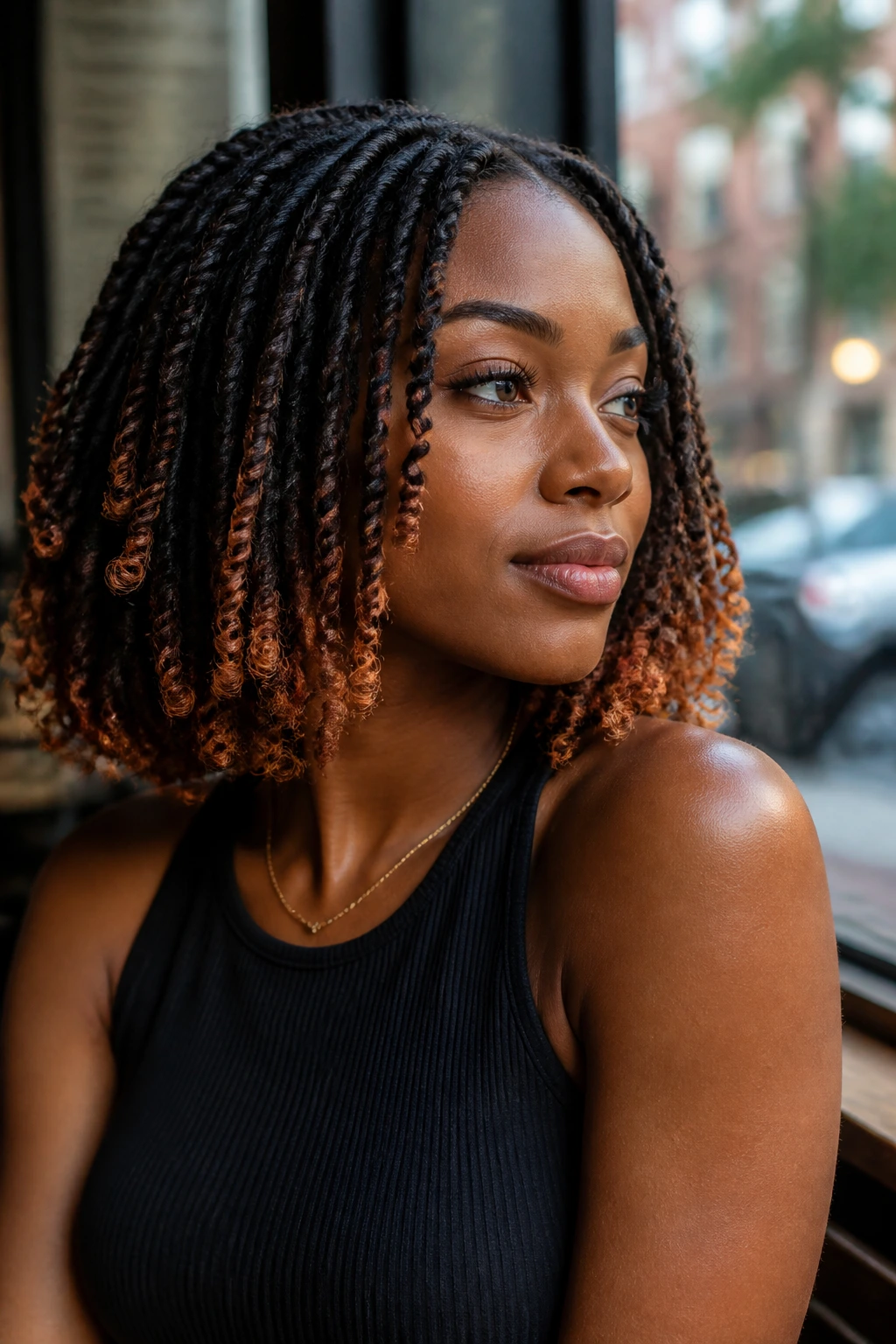 Close-up of a real person showing copper-colored tips shaping the silhouette of hair