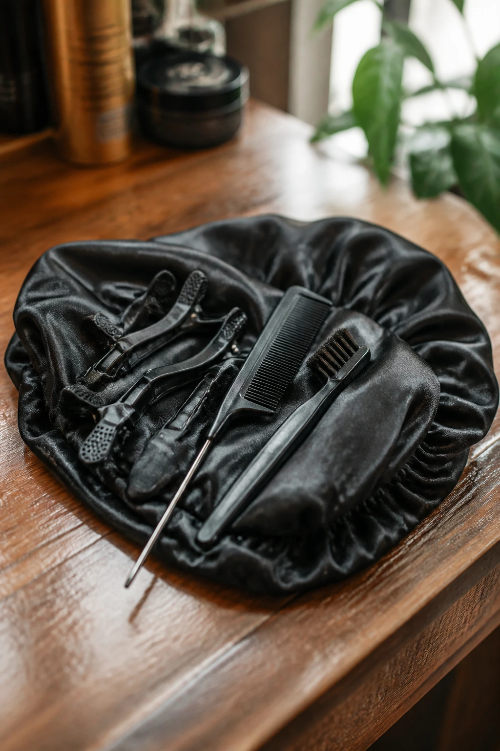 Close-up of essential colored-tip styling tools arranged on a satin bonnet in a salon setting