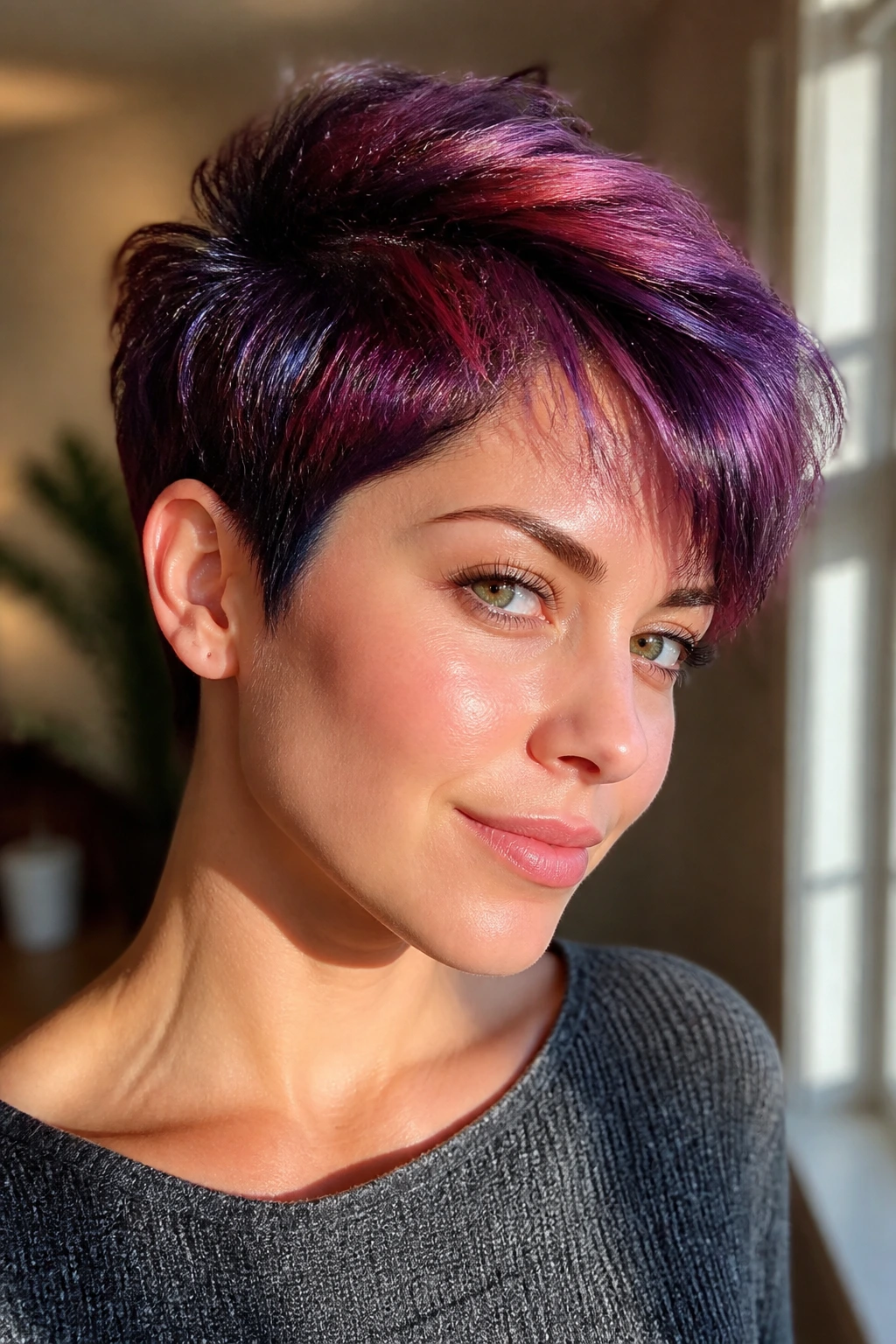 Portrait of a person wearing short hair with color showing clearly.