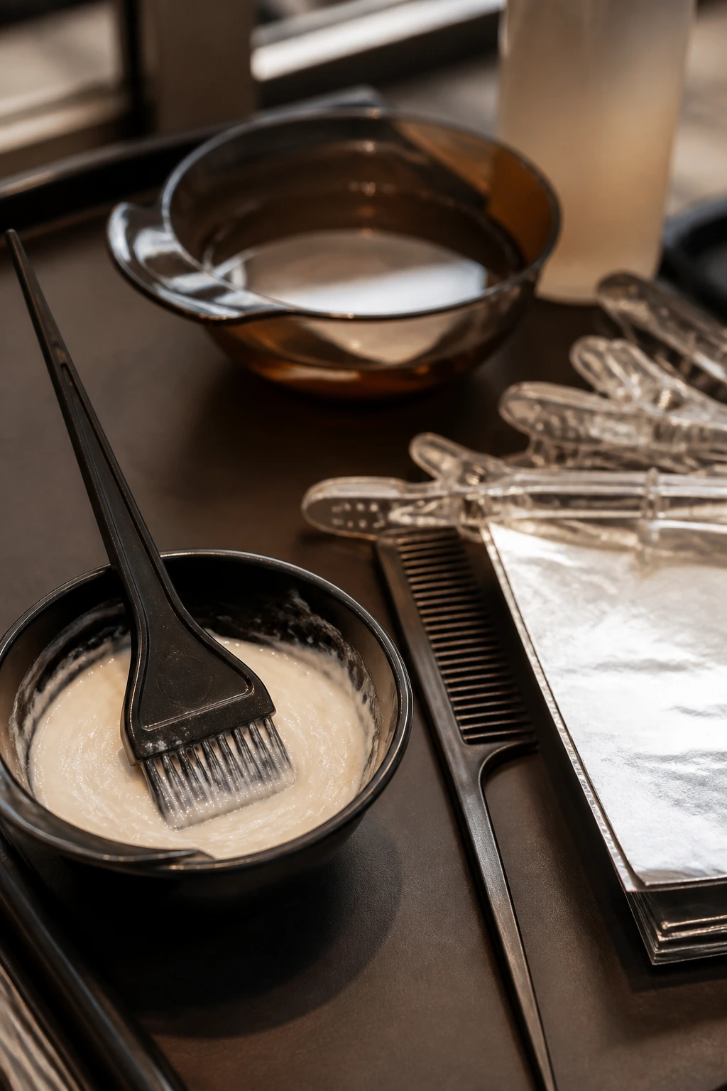 Close-up of hair color tools used for caramel highlights