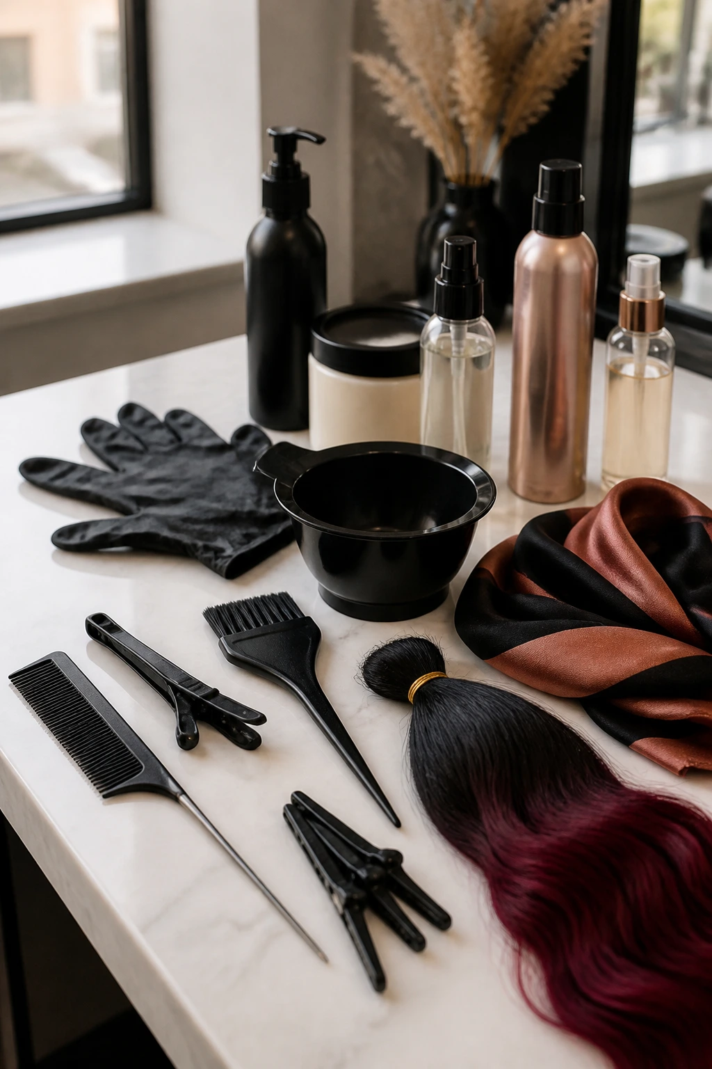 Close-up of essential hair coloring and styling tools arranged on a salon counter
