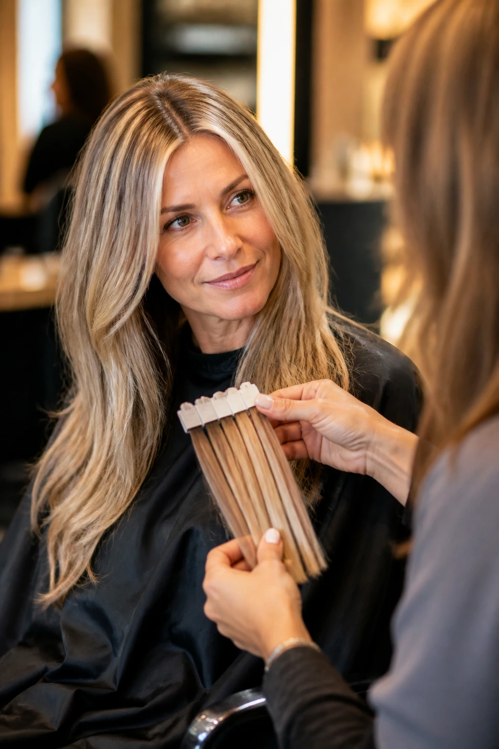 Real woman in salon discussing babylights and root shadow with colorist