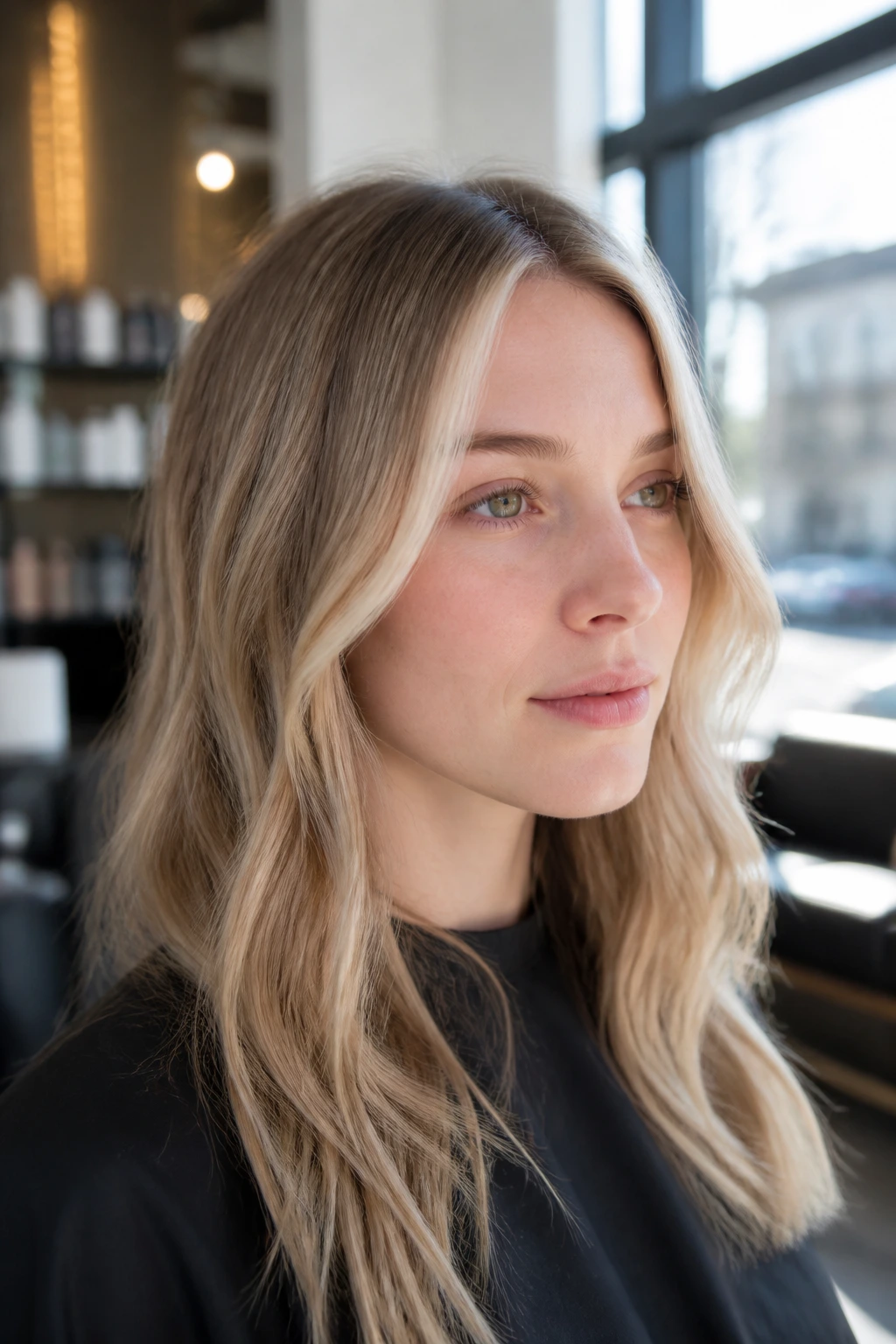 Close-up portrait of hair with fine babylights and soft root shadow in a salon setting.