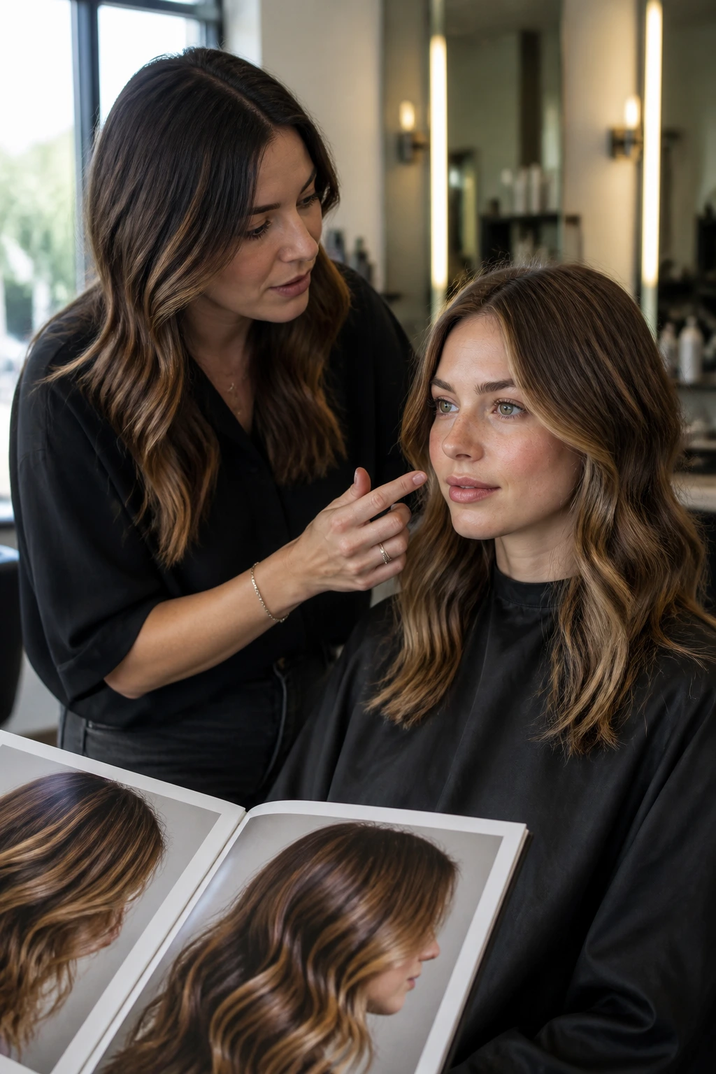 Colorist briefing a client in a salon about soft face-framing highlights