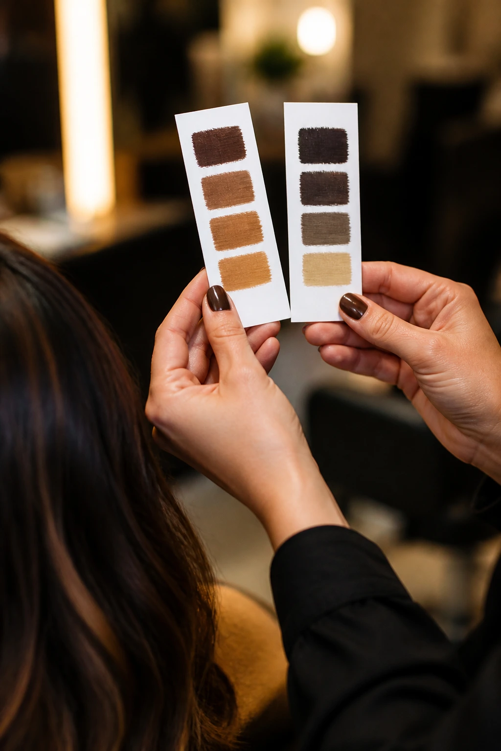 Hands holding blank color swatches in a salon
