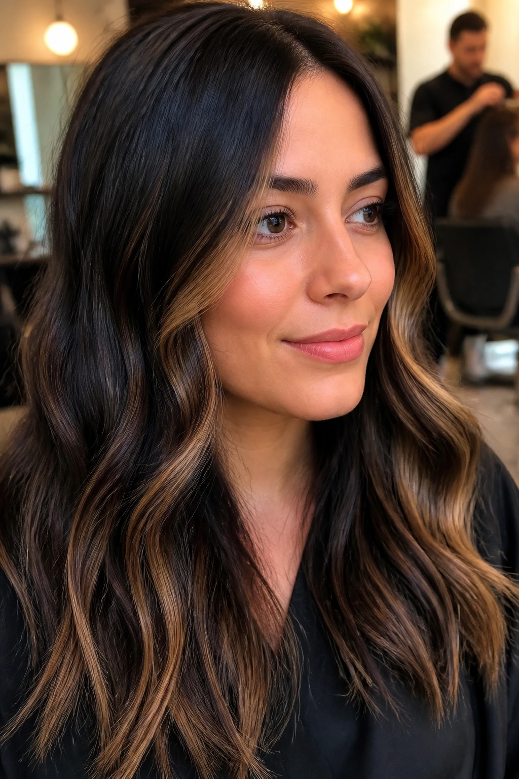Hair with camel pieces below the cheekbone