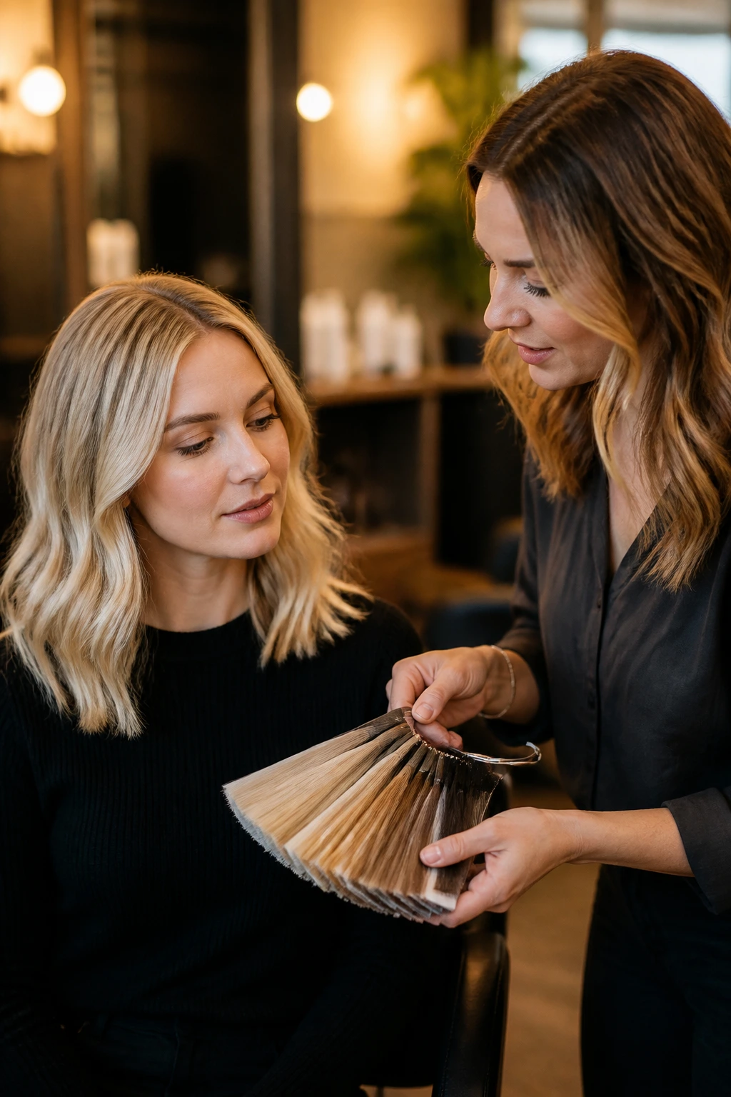 Portrait of a client and colorist in a salon discussing blonde shade options.