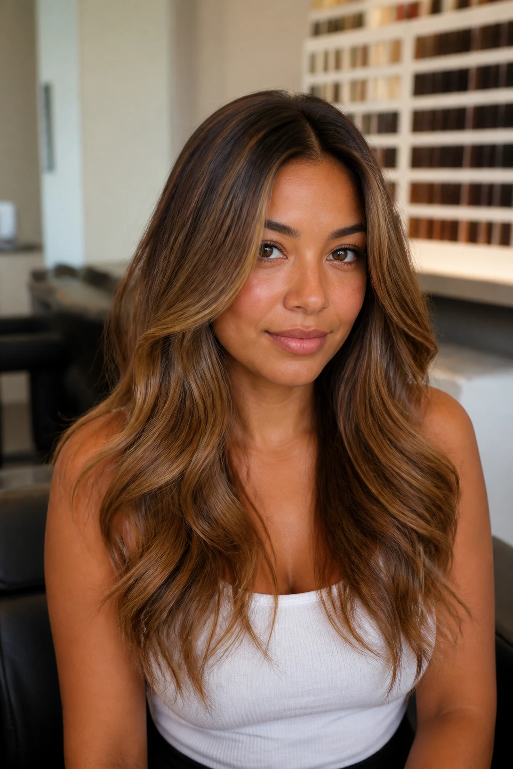 Salon client in a chair with caramel hair and soft root shadow in a calm moment.