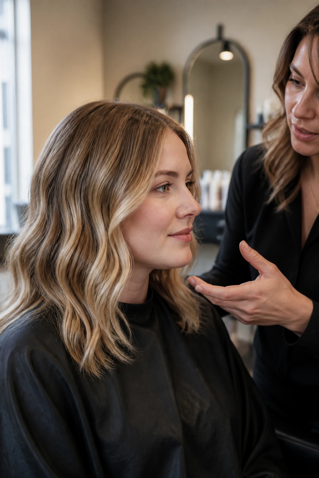 Client in salon chair discussing tone and placement with colorist