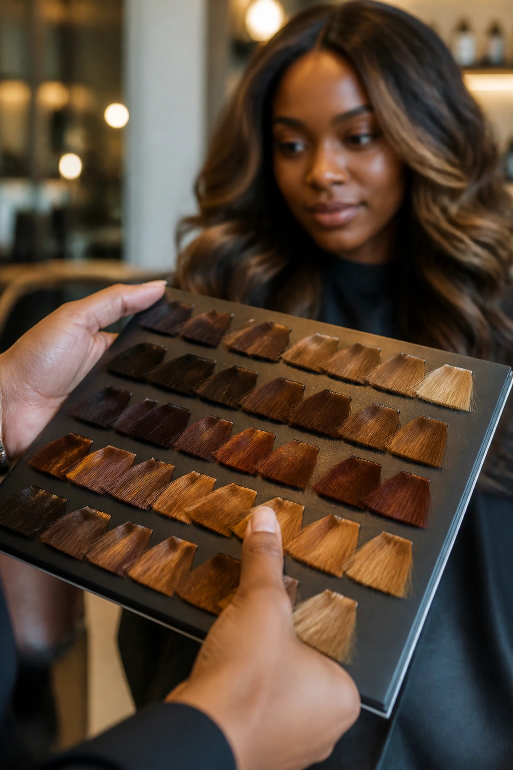Close-up of color swatches in a salon consultation for deep skin tones.