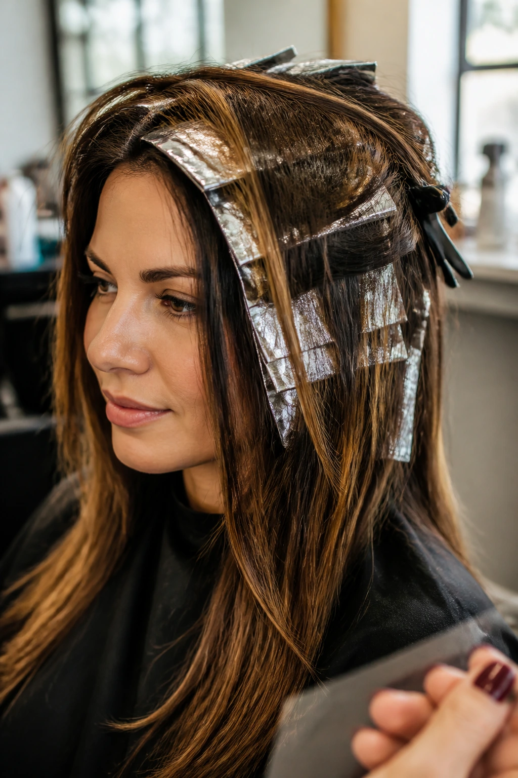 Portrait of brunette in salon during color consultation before foils.