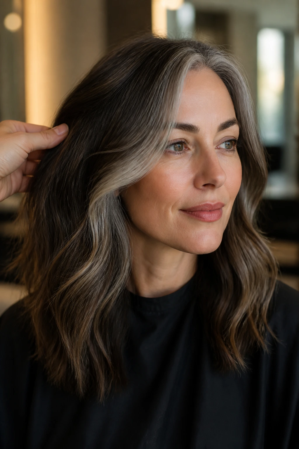 Portrait of brunette in salon chair considering gray color options