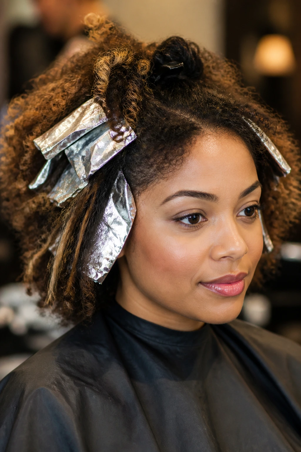 Portrait in salon showing hair foils prep for color