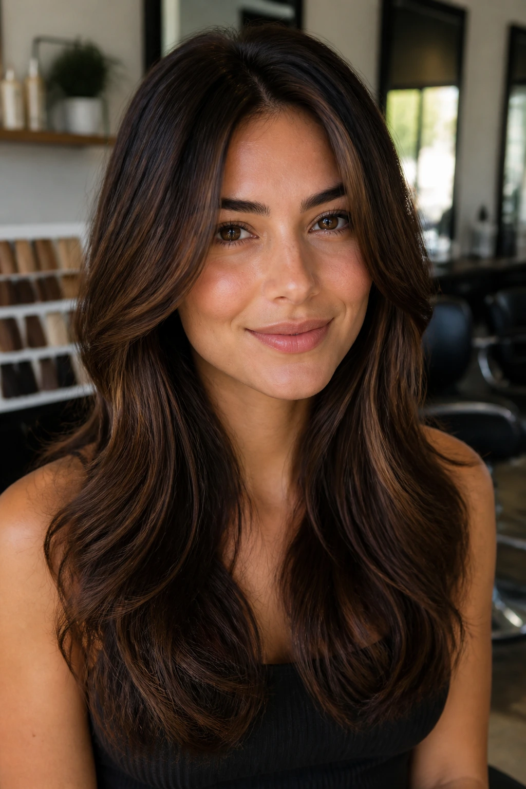 Close-up portrait of brunette hair in a sunlit salon