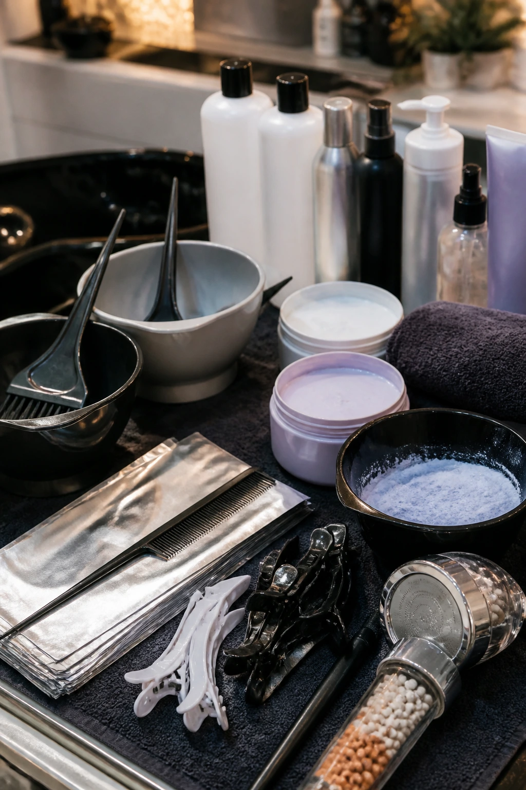 Close-up of essential hair color tools arranged on a counter.