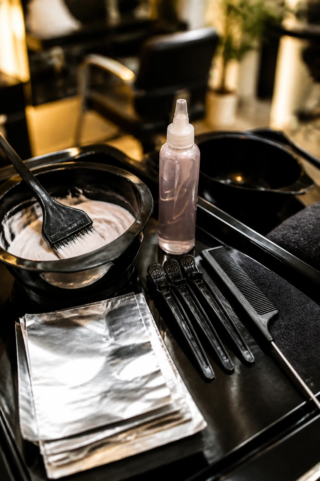 Close-up of colorist tools on a salon station