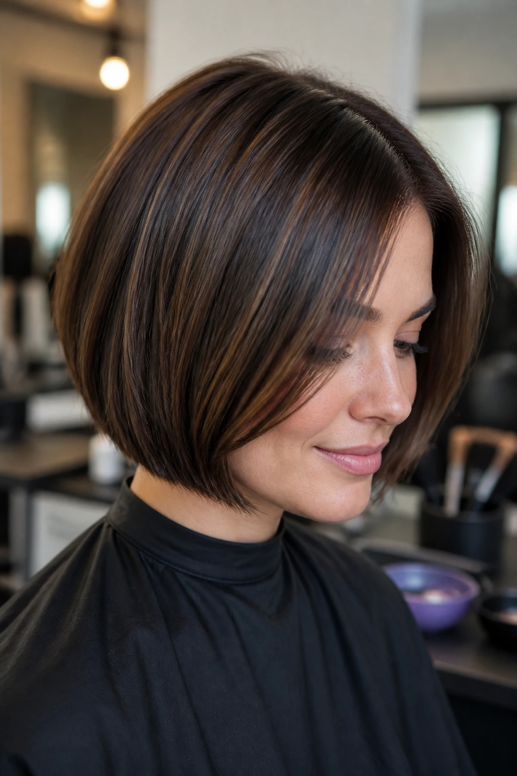 Close-up portrait of real woman with chin-length bob and cool brunette lowlights in salon backdrop