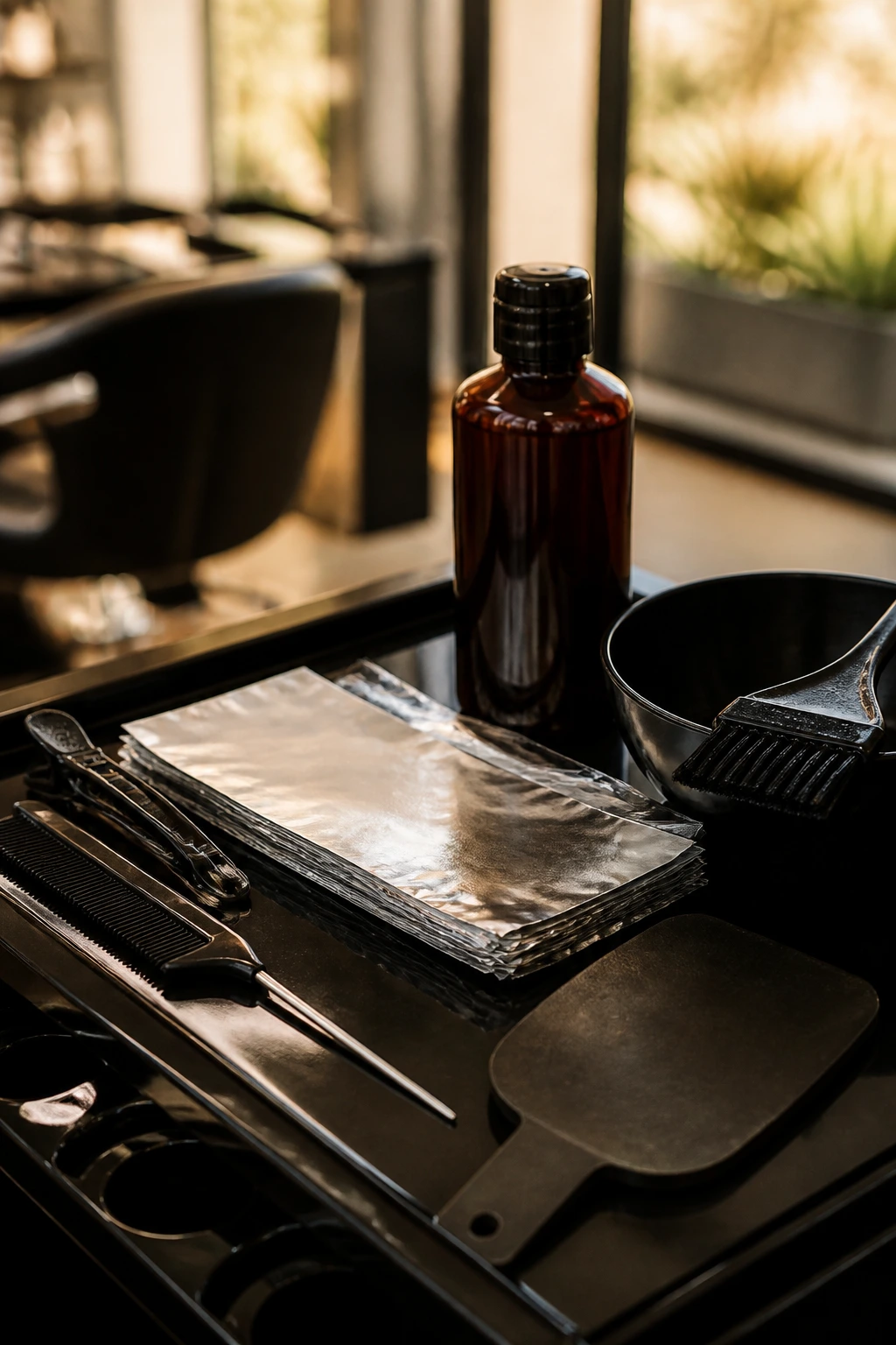 Close-up of colorist tools on a warm-lit salon station