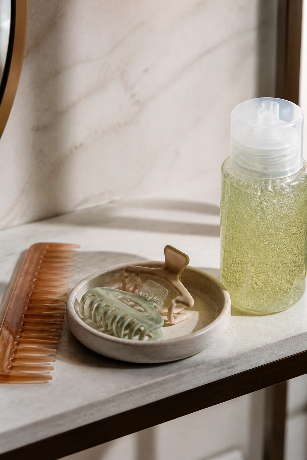 Vanity shelf with a comb, clips, and gel arranged neatly in daylight